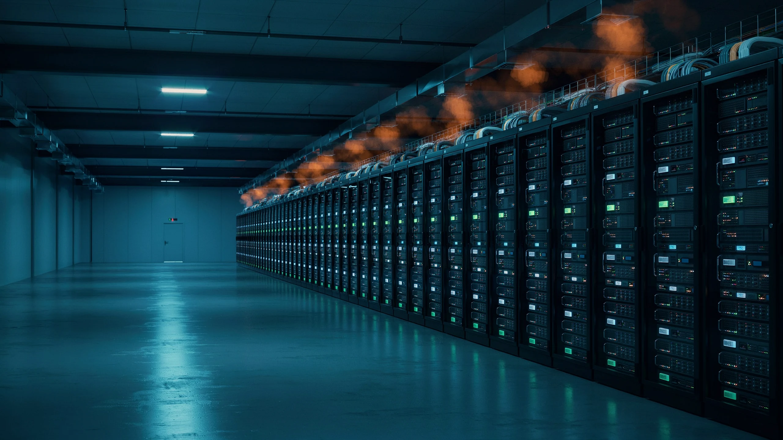 Sala server di un data center con flussi di calore verso i condotti di recupero