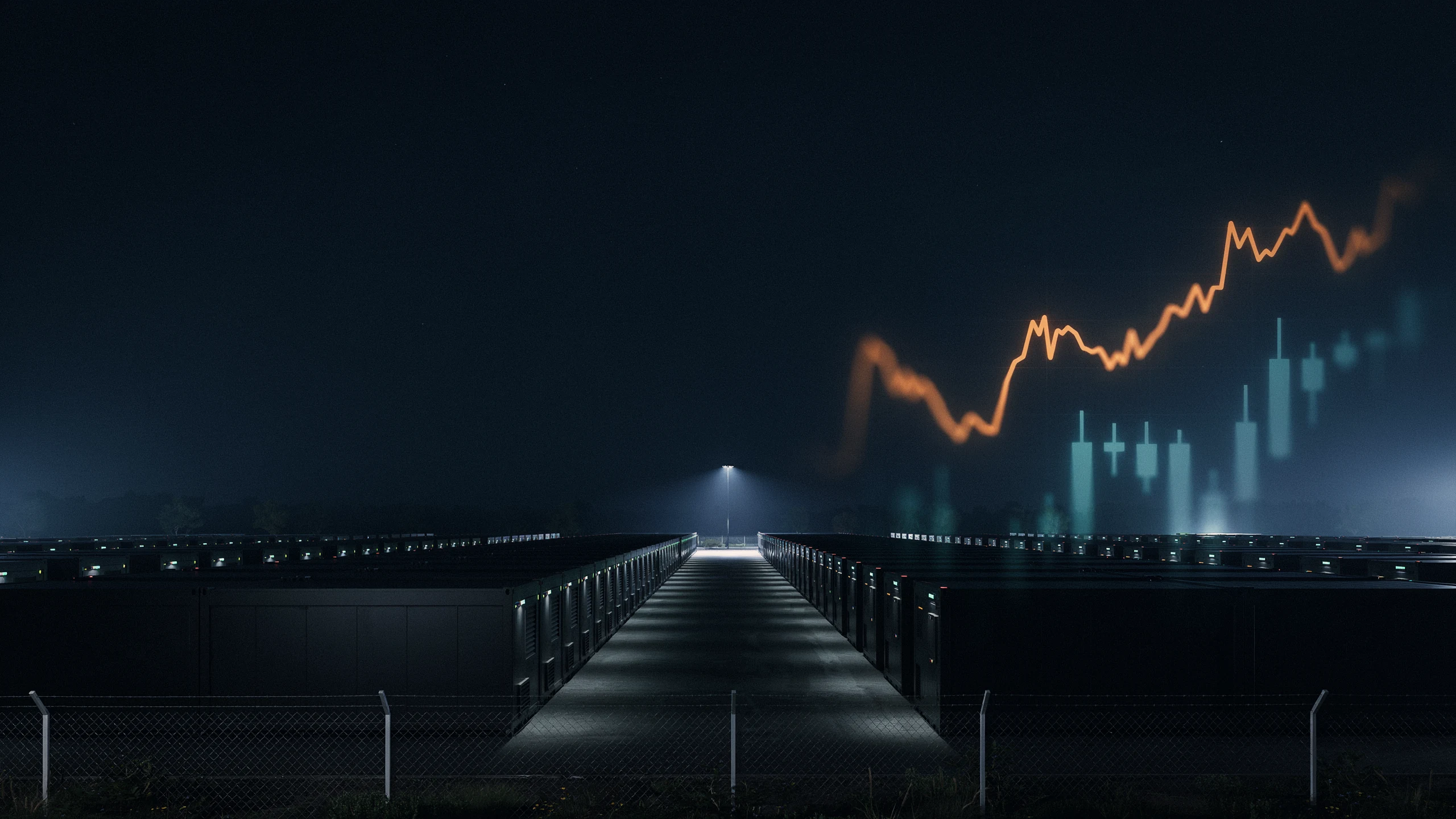 Parco di accumulo notturno con tracce luminose che evocano la volatilità dei prezzi