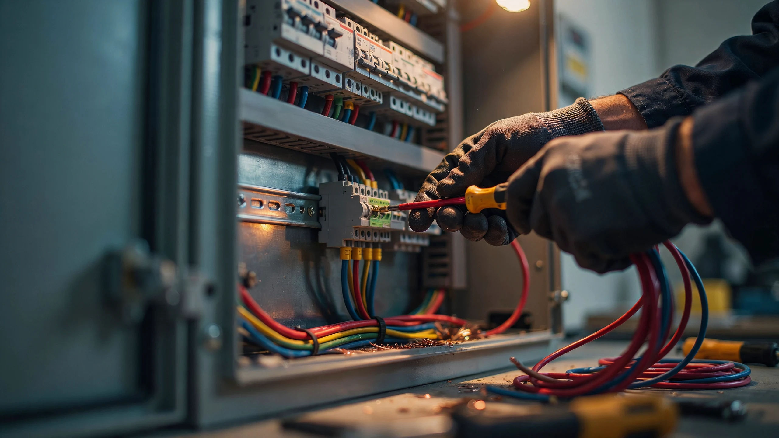 Mani di tecnici al lavoro su un quadro elettrico industriale