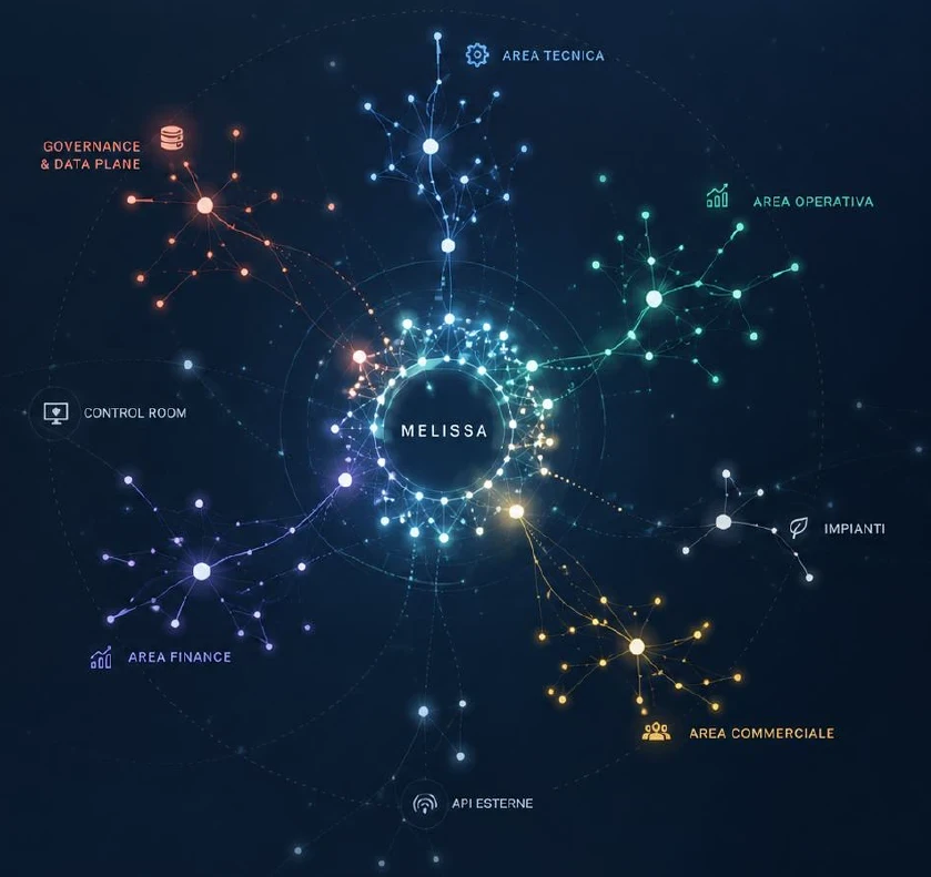 Architettura di MELISSA: nucleo centrale collegato alle aree commerciale, tecnica, operativa e finance